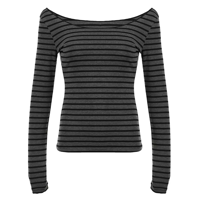 Spring Fall Women'S New Japanese Basic Models Slim Long-Sleeved Striped T-Shirt Strapless Korean Street Style Y2K Thin Tops