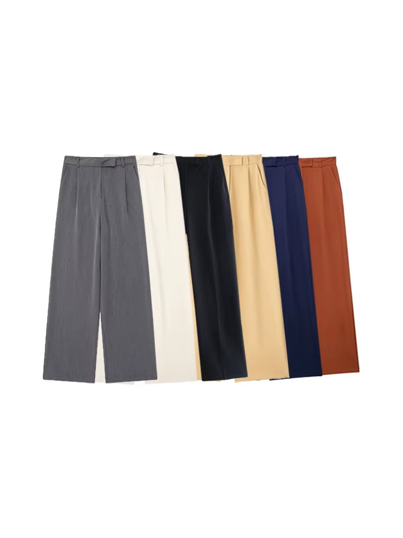 Women Fashion with Darts Front Pockets Wide Leg Pants Vintage High Waist Zipper Fly Female Trousers Mujer