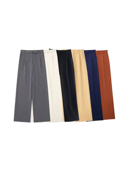Women Fashion with Darts Front Pockets Wide Leg Pants Vintage High Waist Zipper Fly Female Trousers Mujer